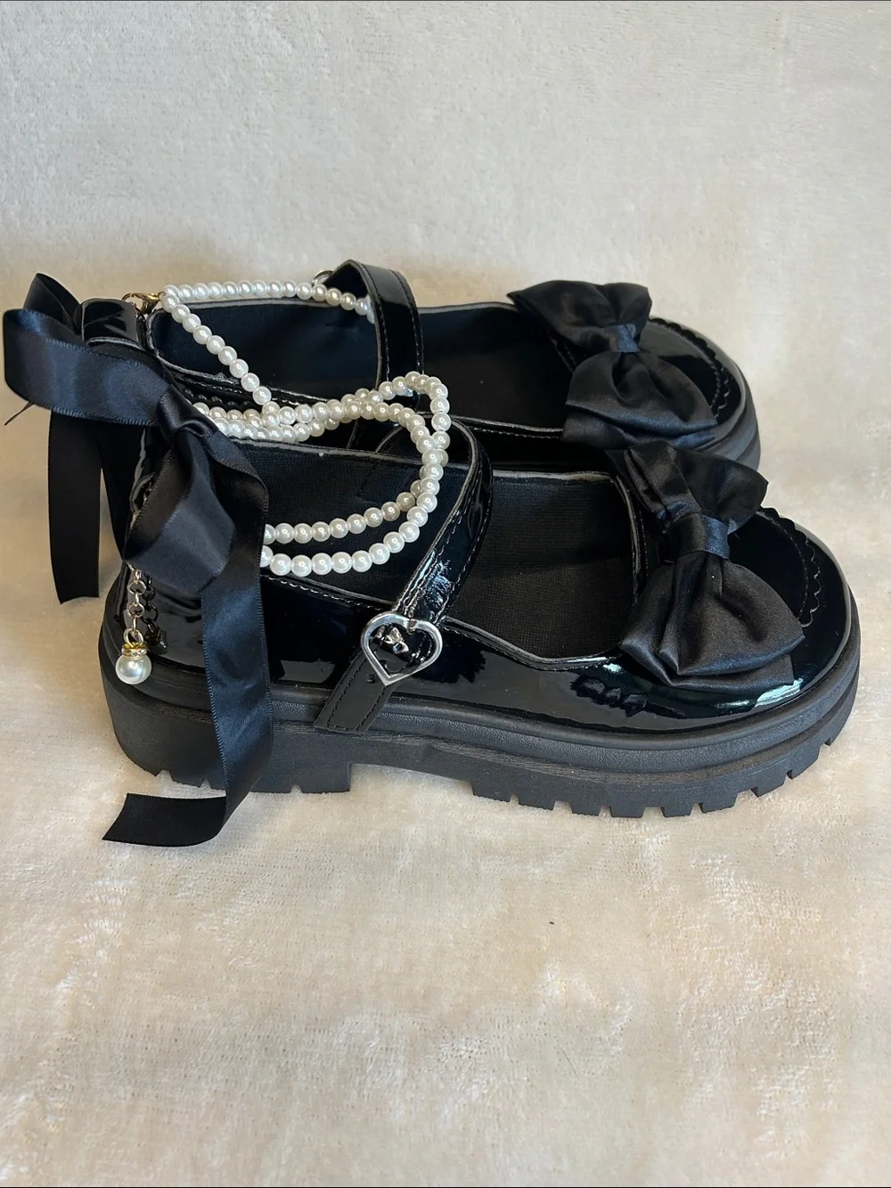Black Patent Mary Jane Lug Sole Platform Shoe Pearl Ankle Strap Bows Women 37 EU